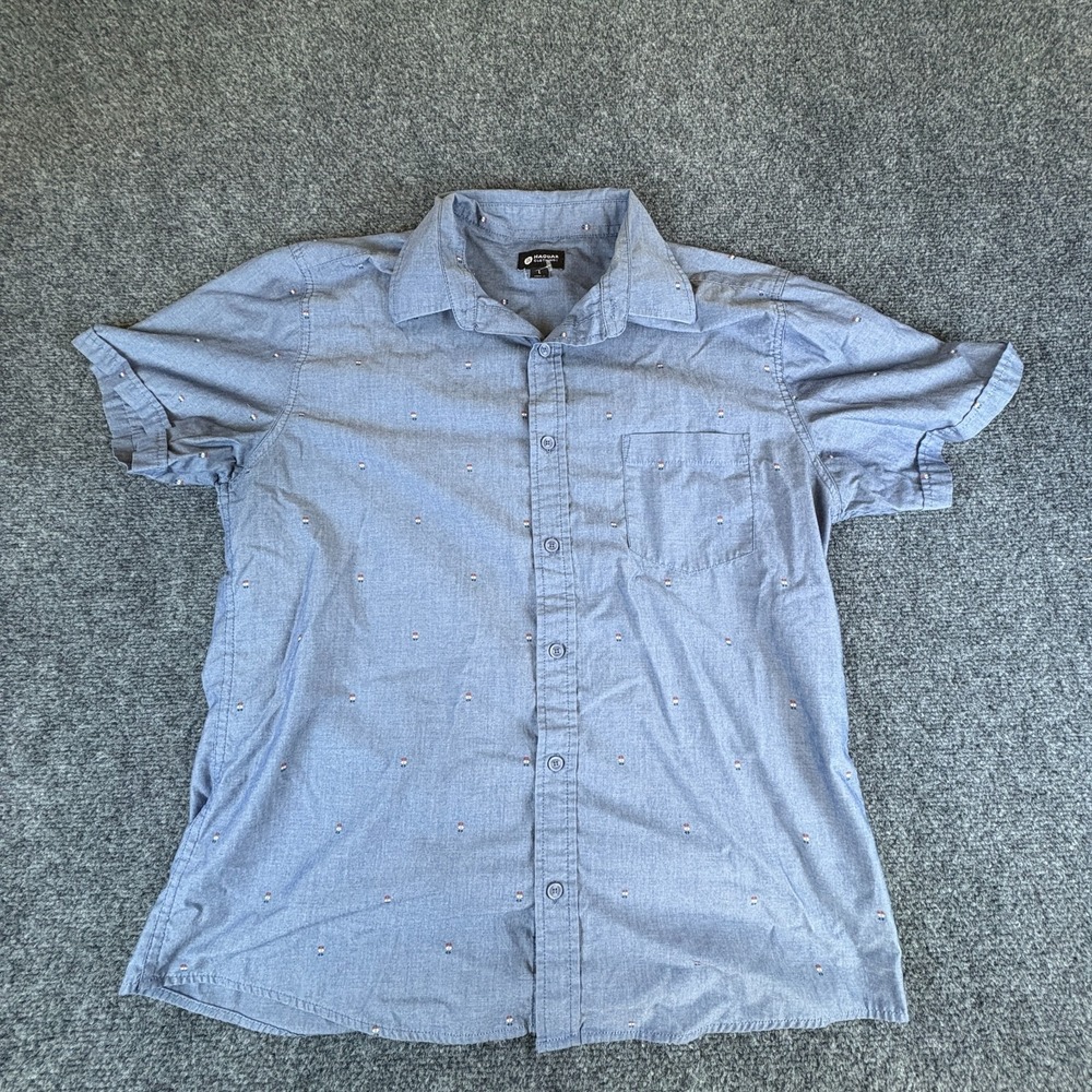 Haggar Shirt Men Large Blue Chambray Cotton Short Sleeve Casual Pocket Button Up